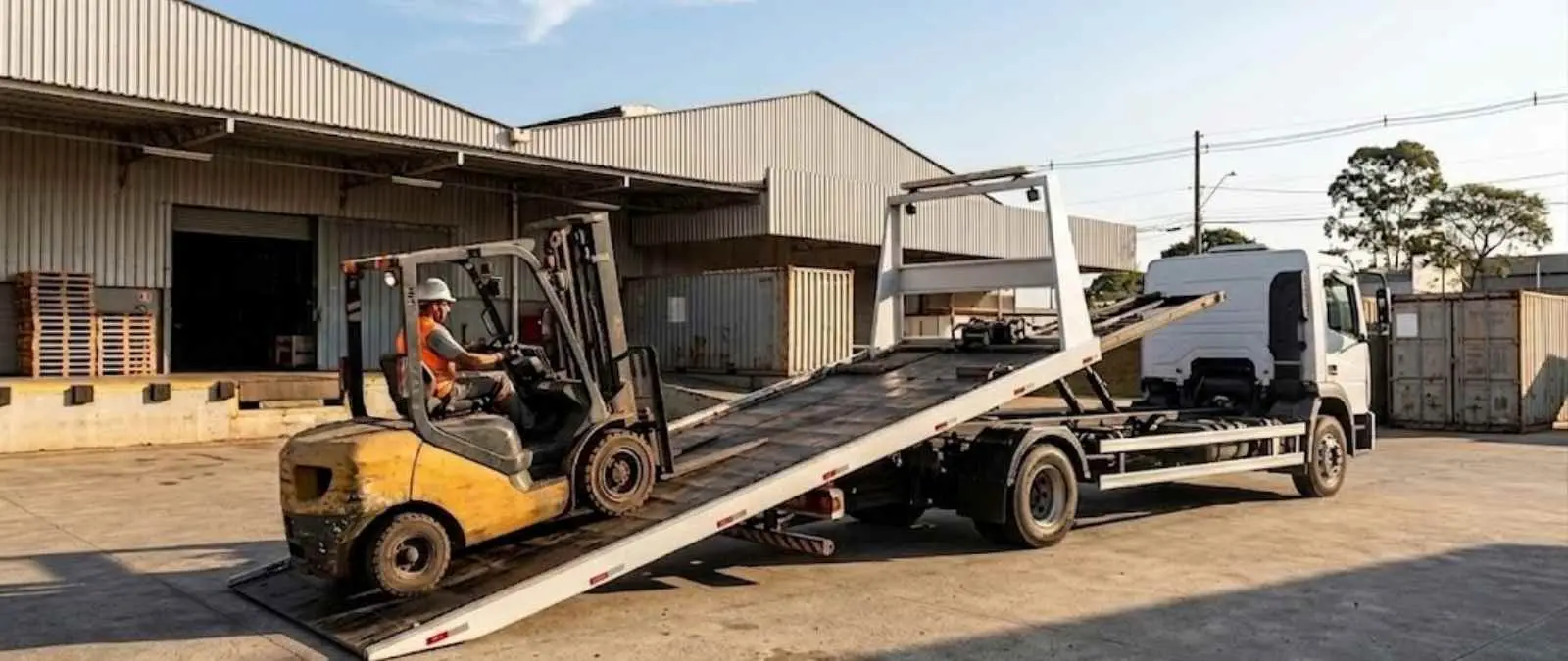 Empilhadeira transportada com fixação na plataforma